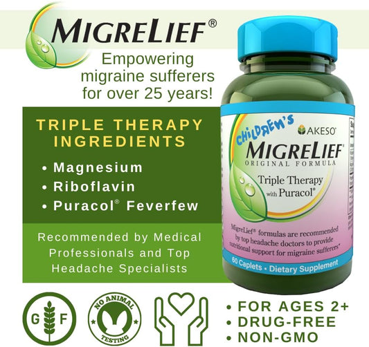 Children'S Migrelief® - Triple Therapy With Puracol™ - Nutritional Support For Pediatric Migraine Sufferers - 60 Caplets/1 Month Supply