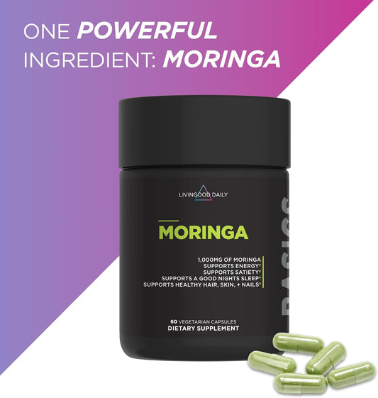 Livingood Daily Moringa Capsules, Moringa Supplement For Energy, Sleep, Satiety, Hair, Skin, Nails & Wellness, Plant Based Vegetarian, Gluten Free, Non Gmo, Vegan, Daily Greens Superfood, 60 Capsules