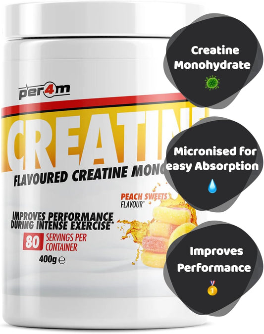 Per4M Creatine Powder | 80 Servings Of Micronised Creatine Monohydrate | Performance & Strength | 8 Flavours (400G, Peach Sweets)