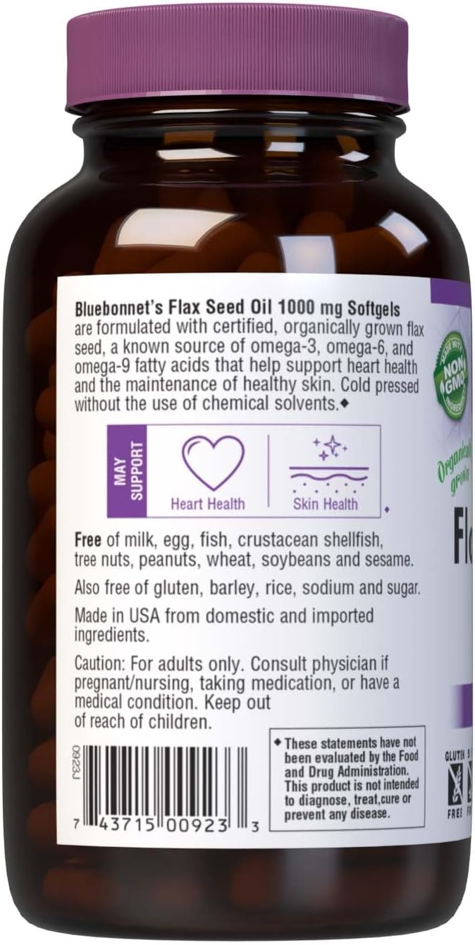 Bluebonnet Nutrition Flax Seed Oil Certified Organic 1000 Mg, 250 Softgels : Health & Household