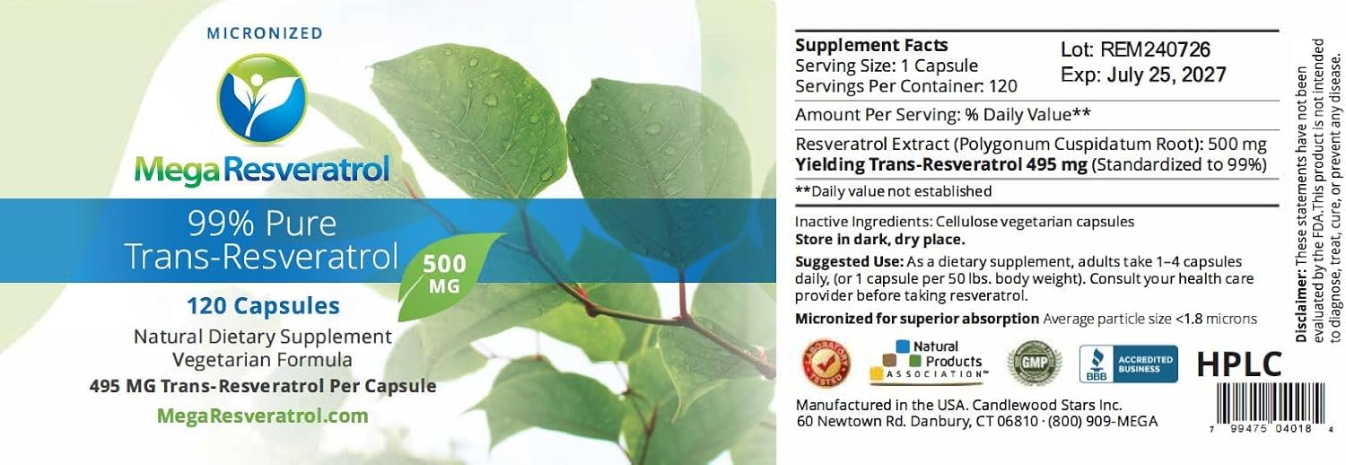 Mega Resveratrol, Pharmaceutical Grade,99% Pure, Isolate, Micronized Trans-Resveratrol, 60 Veggie Caps, 500Mg Per Capsule. Purity Certified. Absolutely No Toxic “Inactive” Ingredients Added. : Health & Household