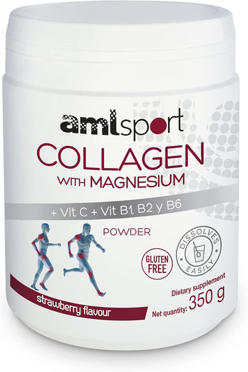Aml Sport - Collagen With Magnesium + Vit C, B1, B2 And B6 Powder - 350G (Strawberry Flavour). Tissue Regenerator With Type 1 &2 Collagen. Gluten Free. Sugar Free