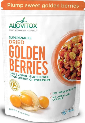 Alovitox Sun Dried Golden Berries | Raw, Fresh & Organic | 1 Oz Contains 2G Protein & 5G Fiber, Low-Calorie & Glycemic Index | With Potassium, Iron, Vitamins A & C | Gluten-Free, Vegan | 8 Oz