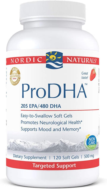 Nordic Naturals ProDHA, Strawberry - 120 Soft Gels - 830 mg Omega-3 - High-Intensity DHA Formula for Neurological Health, Mood & Memory - Non-GMO - 60 Servings
