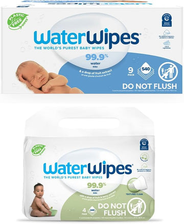 Waterwipes Bundle, Original 540 Count (9 Packs) & Textured Clean Wipes 240 Count (4 Packs), Plastic-Free, 99.9% Water Based Wipes, Unscented, Hypoallergenic For Sensitive Skin, Packaging May Vary
