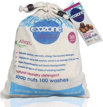 Ecozone Soap Nuts Natural Laundry Detergent, 100% Organic Biodegradable Washing Machine Pellets, Plastic Free, Effective Eco Cleaning For Clothing & Fabrics, Hypoallergenic & Vegan Friendly (300G Bag)