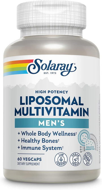 Solaray Liposomal Multivitamin For Men, Enhanced Absorption Immune, Energy & Bone Support, Mens Daily Multi Vitamin, Bcaas, Vitamin D3, C, B12, Zinc, Vegan, Soy Free, 30 Servings, 60 Vegcaps