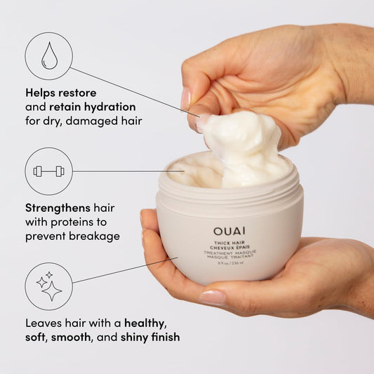 OUAI Thick Hair Treatment Masque - Almond Oil, Olive Oil & Hydrolyzed Keratin to Repair & Restore Damaged Hair - Softens, Smooths & Strengthens - Phthalate & Paraben Free Hair Masque - 8 fl oz
