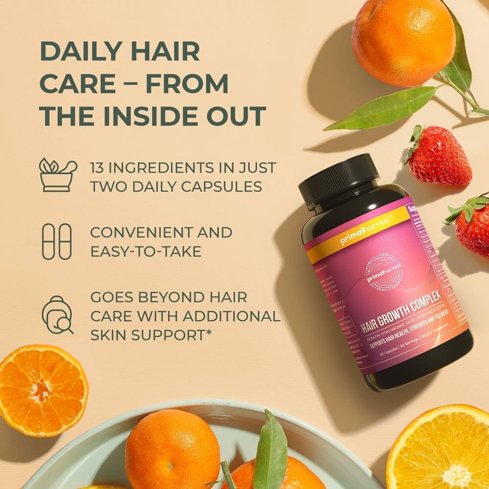 Primal Harvest 1 Pack, Hair Growth Vitamins, Hair Growth for Women & Men - 60 Hair Growth Pills, Natural Hair Thickening Product w/Biotin & Zinc - Hair Supplement, Regrowth Hair Vitamins : Health & Household