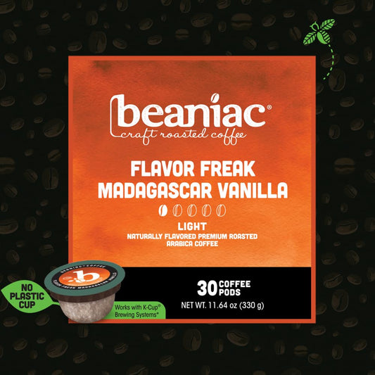 Beaniac Flavor Freak Madagascar Vanilla, Flavored Light Roast, Single Serve Compostable K Cup Coffee Pods, Organic Arabica Coffee With Natural Flavors, Keurig Brewer Compatible, 30 Count