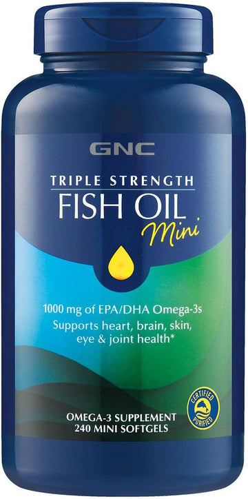 Gnc Triple Strength Fish Oil Mini Omega 3 Supplement, 1000Mg Epa And Dha, Supports Heart, Brain, Skin, Eye And Joint Health, 240 Mini Softgels