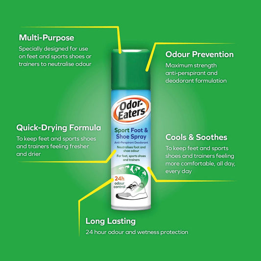 Odor-Eaters, 24 Hour Odour Destroying Antiperspirant Foot And Shoe Spray For Sport Shoes, 150 Ml (Pack Of 2)