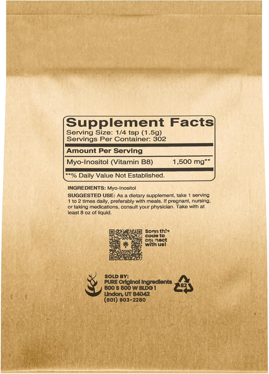 Pure Original Ingredients Inositol (Vitamin B8) Powder (1 Lb) Always Pure, No Fillers Or Additives, Lab Verified (1 Pound Bag)