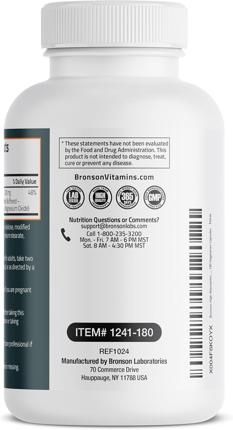 Bronson Magnesium Glycinate 200Mg High Absorption Chelated Buffered Gentle On The Stomach Non-Gmo, 180 Vegetarian Capsules