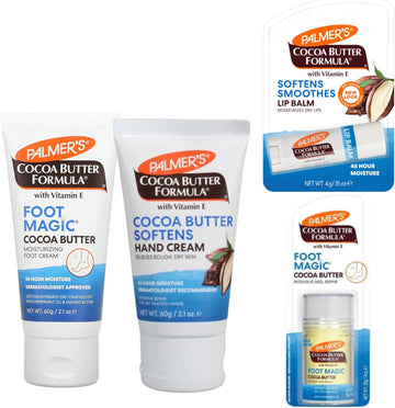 Palmer'S Travel Set: Palmers Cocoa Butter Foot Magic Cream 60G, Lip Balm 4G, Heel Repair Stick 25G, Hand Cream 60G - Perfect Moisturizer Bundle Ideal For Dry Skin, Cracked Heels & Lips