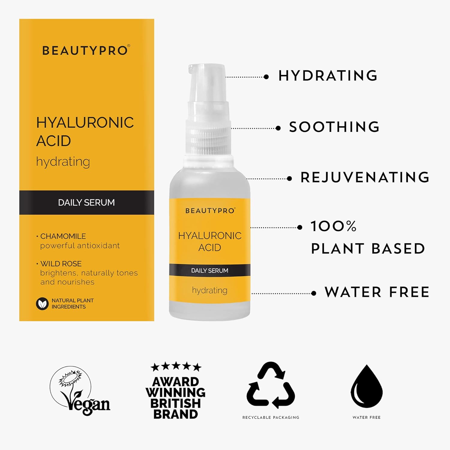 BEAUTYPRO HYALURONIC ACID Serum Daily Face Cream Anti-Ageing Hydrating Antioxidant Anti-Inflammatory Natural Vegan Skincare 100% Plant Based Soybean & Chamomile Multi Award Winning Brand 30ml : Amazon.co.uk: Beauty