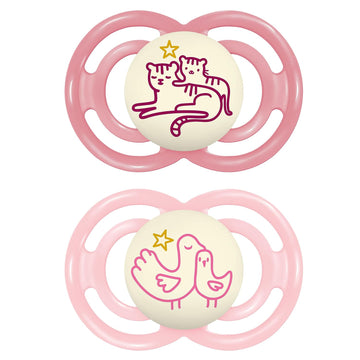 Mam Perfect Night Baby Pacifier, Patented Nipple, Glows In The Dark, 2 Pack, 6-16 Months, Girl