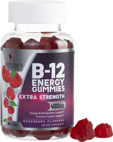 Vitamin B12 Energy Gummies - Extra Strength 4500 Mcg Energy Chews For Metabolism & Nervous System Health Support, B-12 Gummy Chewable Supplement For Women & Men - Caffeine Free, Vegan - 60 Gummies