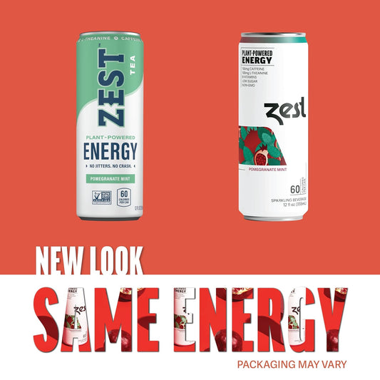 Zest Plant Powered Natural Energy Sparkling Drink - Pomegranate Mint - 150Mg Caffeine + 100 Mg L-Theanine - 12Oz Can 12 Pack - Low Sugar, 60 Cals, Healthy Coffee Substitute, Non Gmo High Caff Blend