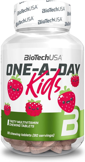 Biotechusa One-A-Day Kids | Flavoured Food Supplement Multivitamin | Chewable Tablet | With Minerals And Sweetener | From 4 Years Of Age | 90 Tablet, Strawberry-Raspberry