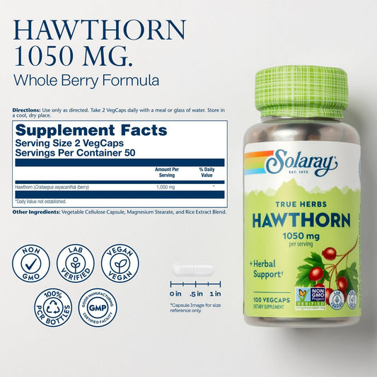Solaray Hawthorn Berry Capsules 1050 Mg - Soothing Herbal Support - Hawthorne Berry Supplement For Overall Wellness Support - Whole Berry, Vegan, Non-Gmo, 60 Day Guarantee, 50 Servings, 100 Vegcaps