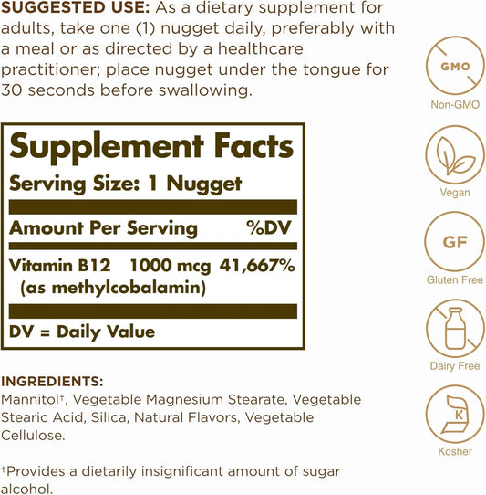 Solgar Methylcobalamin (Vitamin B12) 1000 Mcg - 60 Nuggets, Pack Of 2 - Supports Energy Metabolism - Non-Gmo, Vegan, Gluten Free, Dairy Free, Kosher - 120 Total Servings