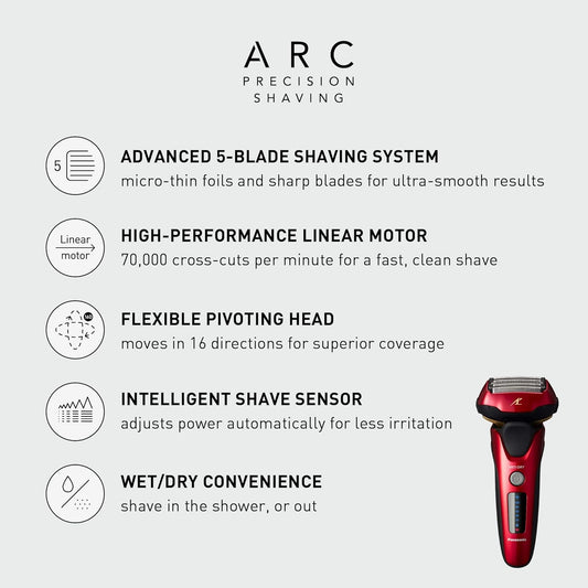 Panasonic ARC5 Electric Razor for Men with Pop-up Trimmer, Wet Dry 5-Blade Electric Shaver with Intelligent Shave Sensor and 16D Flexible Pivoting Head - ES-ALV6HR (Red)