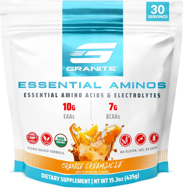 Granite 10G Essential Amino Acids Powder (30 Servings) Muscle Recovery Supplement For Muscle Growth - 7G Bcaa Powder With Electrolytes, Soy And Gluten-Free, Made In Usa, Orange Creamsicle
