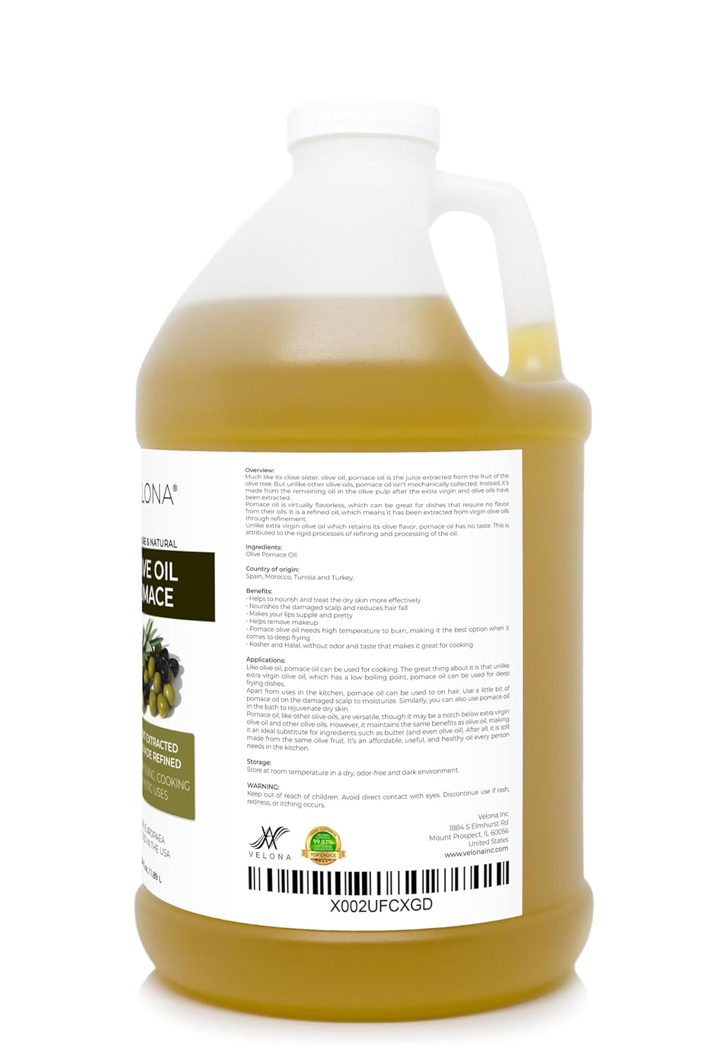 velona Olive Pomace Oil 64 oz | 100% Pure and Natural Carrier Oil | Refined, Cold pressed | Cooking, Skin, Hair, Body & Face Moisturizing | Use Today - Enjoy Results : Beauty & Personal Care