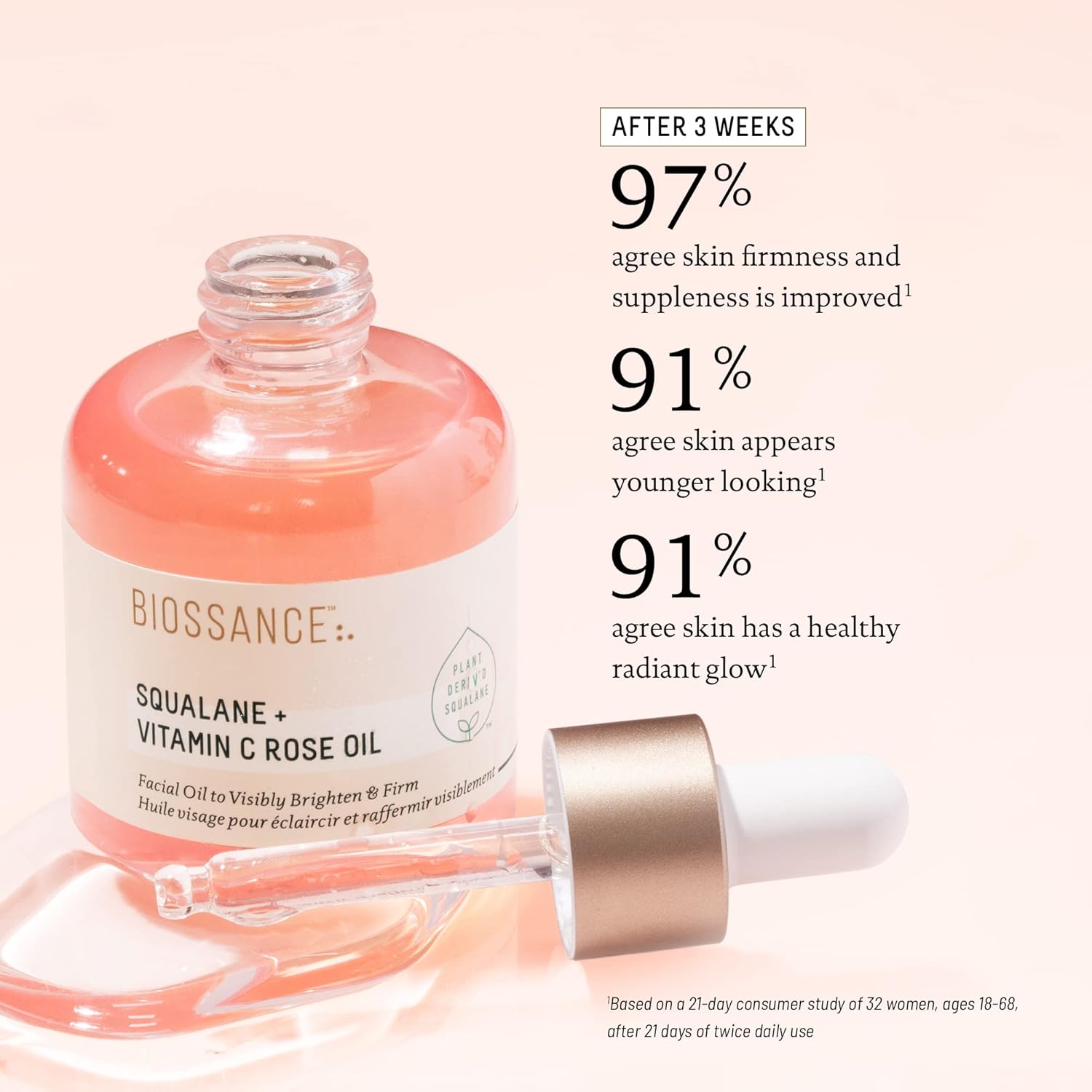 Biossance Squalane + Vitamin C Rose Advanced Facial Oil - Brightening, Firming, And Hydrating Serum For All Skin Types - Chios Crystal Oil, Damascus Rose Extract & Squalane For Radiance - 0.5Oz