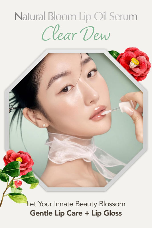 Natural Bloom Korean Lip Oil Serum 0.14 Fl Oz | Moisturizing Lip Booster Plumping Oil Serum Enriched W/Camellia & Safflower Oils | Non-Irritating Clear Lip Gloss With Glazed Finish (Clear Dew)
