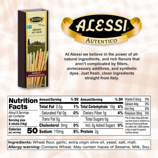 Alessi Imported Breadsticks, Garlic Autentico Italian Crispy Bread Sticks, Low Fat Made With Extra Virgin Olive Oil, 4.4Oz (Garlic, 4.4 Ounce (Pack Of 10))