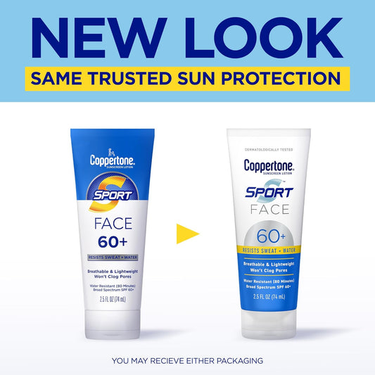 Coppertone Sport Face Sunscreen Lotion Spf 60+, Water Resistant Sunscreen With Broad Spectrum Spf 60+, Lightweight And Breathable, 2.5 Fl Oz Tube