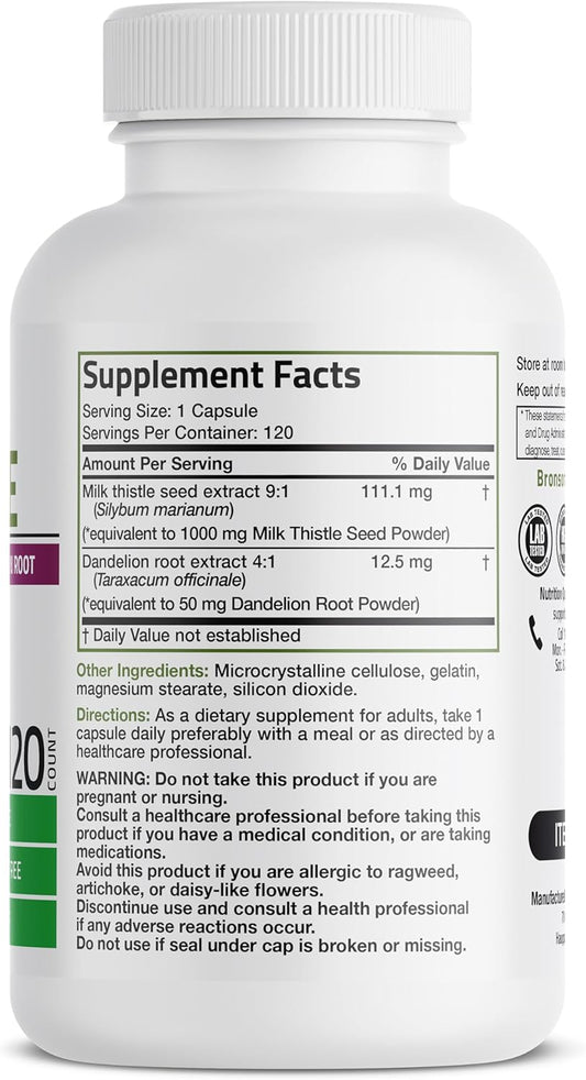 Bronson Milk Thistle Silymarin Marianum & Dandelion Root Liver Health Support, Antioxidant Support, Detox