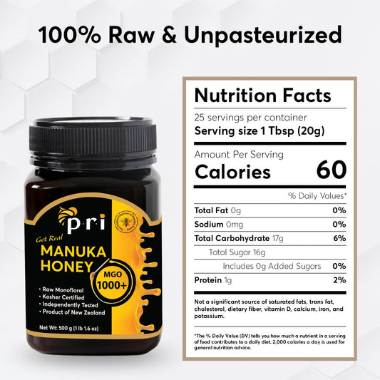 P.R.I Manuka Honey, Certified Mgo 1000+, New Zealand Raw Monofloral Manuka Honey (8.8 Oz / 250G)