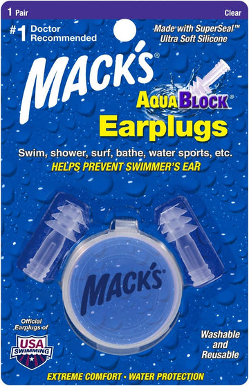 Mack'S Aquablock Swimming Earplugs - Comfortable, Waterproof, Reusable Silicone Ear Plugs For Swimming, Snorkeling, Showering, Surfing And Bathing (Clear)