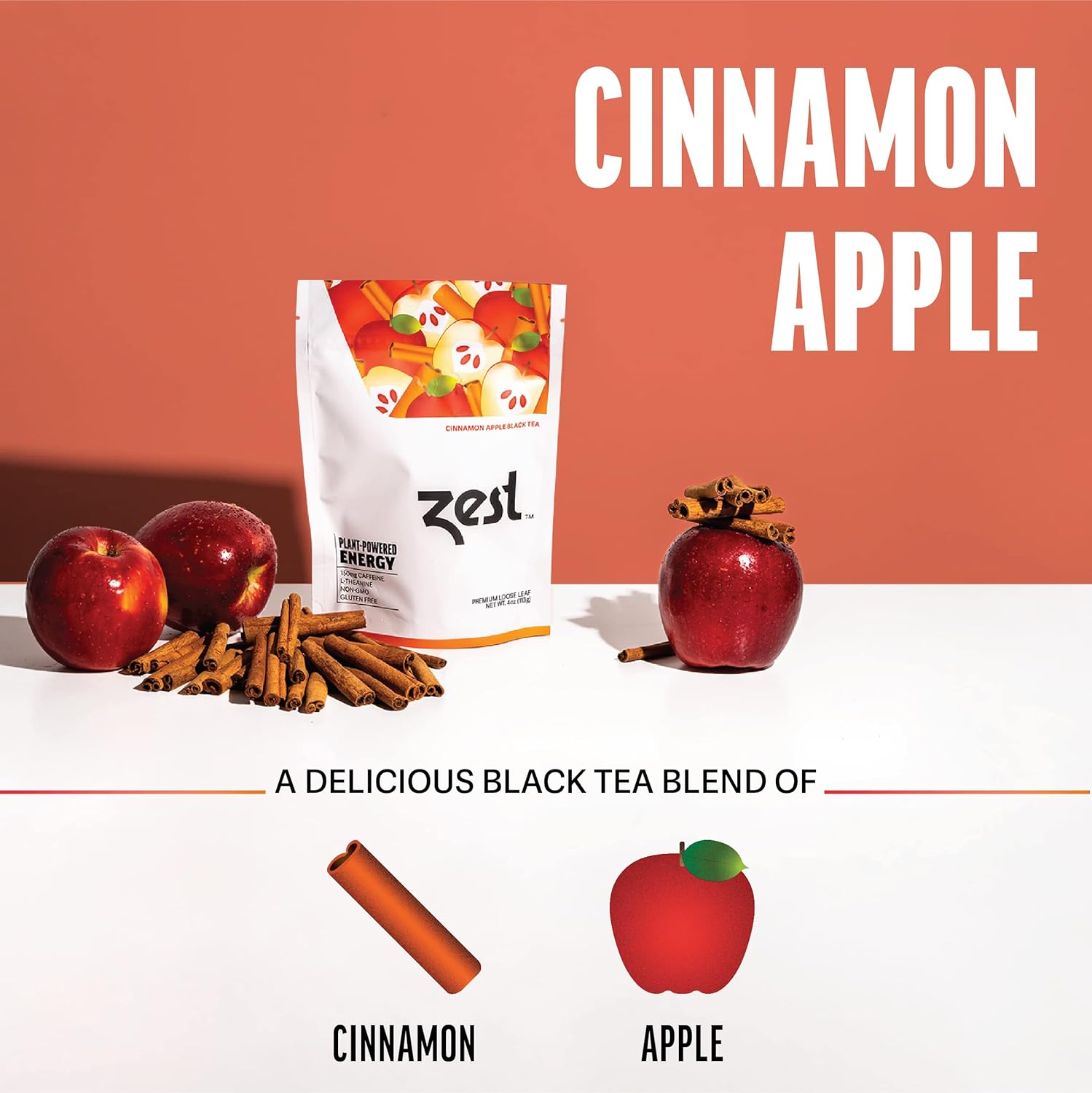 Zest 150Mg High Caffeine Energy Loose Leaf Blend - Cinnamon Apple Black Tea - 4 Oz - All Natural Strong Flavored Healthy Coffee Alternative Highly Caffeinated Substitute - Perfect For Keto Diet