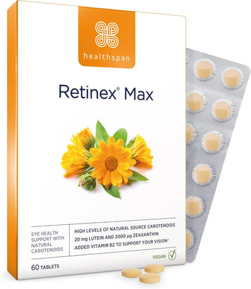 Healthspan Retinex Max Eye Support (60 Tablets) | Long Term Vision & Eye Health | 20Mg Lutein & 2,000Ug Zeaxanthin | Vitamin B2 Contributes To Normal Vision | Natural Source Carotenoids | Vegan