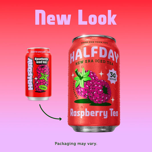 Halfday Prebiotic Raspberry Iced Tea Cans, Supports Digestive & Gut Health, 6G Plant Fiber & Prebiotics, Low Sugar, 35 Calories, Real Brewed Tea, Natural Caffeine, Gluten Free, 12 Fl Oz (12 Pack) Packaging May Vary