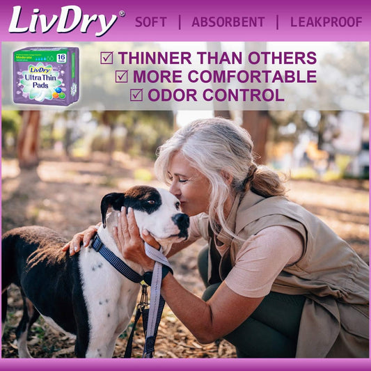 LivDry Incontinence Ultra Thin Pads for Women | Leak Protection and Odor Control | Extra Absorbent (Moderate 16-Count)