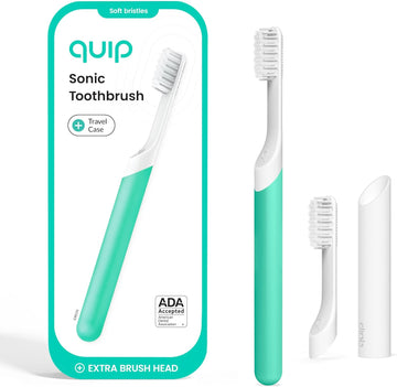Quip Plastic Sonic Toothbrush, Electric Toothbrush For Adults –Time Travel & Soft Bristles With Travel Case & Replaceable Brush Head -3-Month Battery Life - Sage Green