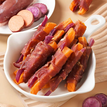 Asmpet Dog Treats Small Dogs, Sweet Potato Dog Treats, Rawhide Free Dog Chews Long Lasting Duck Wrapped Sweet Potato Fries With Taurine Dog Chews Eliminates Tears For Medium Large Dogs 10.6Oz