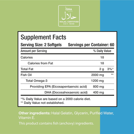Noor Vitamins Halal Fish Oil, Halal Vitamins, Fish Oil Halal, Ultra Omega 3 Wild Peruvian Fish Oil (800 mg EPA & 400 mg DHA) Heart, Brain & Joint Support, Non-GMO & Gluten Free (120 count)