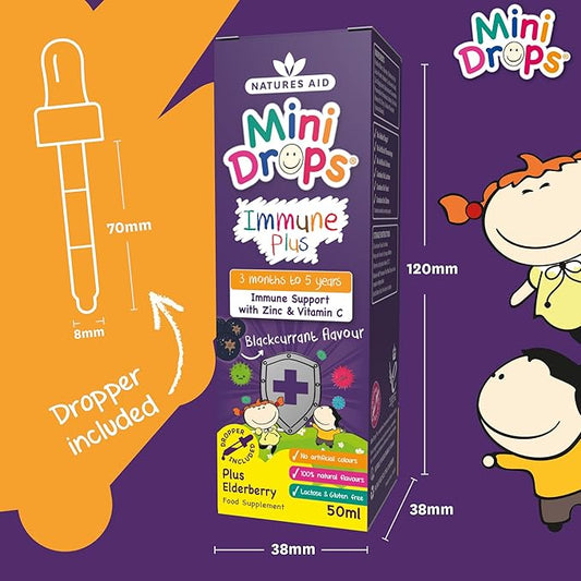 Natures Aid Mini Drops Immune Plus For Kids 50Ml - Immune Support With Zinc And Vitamin C - Sugar Free, Vegan, Non-Gmo, Natural Supplement For Infants And Children Age 0-5 Years Old - Dropper Included