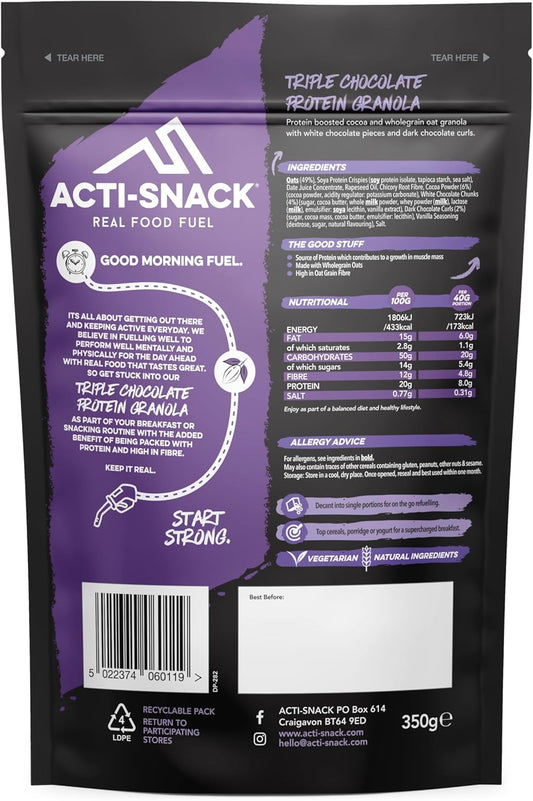 Acti-Snack High Protein Triple Chocolate Granola - 5 X 350G Packs - Protein Granola | High Protein Cereals Breakfast | Low Sugar Granola - High Fibre Granola Cereal