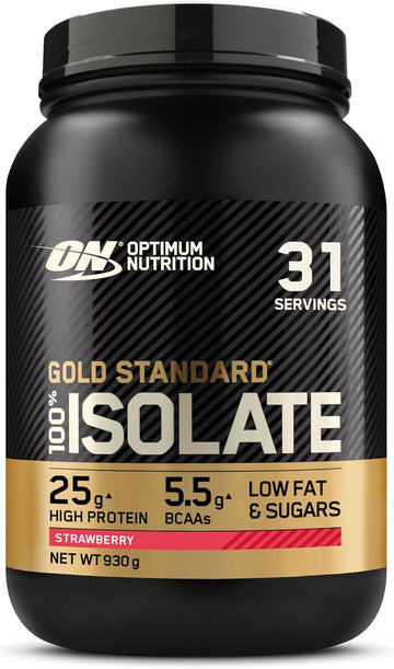 Optimum Nutrition On Gold Standard 100% Isolate Pure Whey Protein, Naturally Occurring Bcaas And Glutamine, Pre And Post Workout, Strawberry Flavour, 31 Servings, 930 G