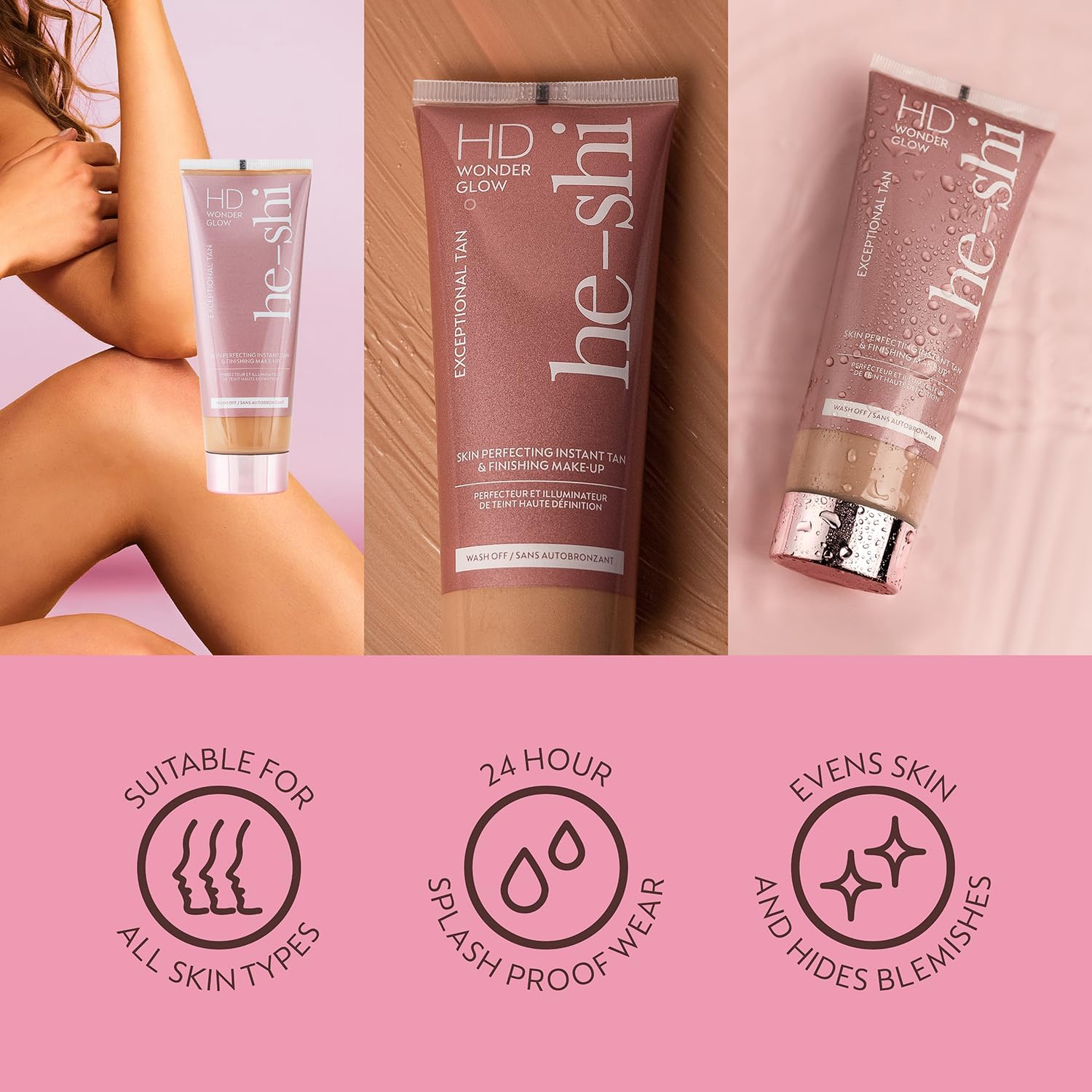 He-Shi HD Wonderglow - Skin Perfecting Body Bronzer & Instant Tan - Illuminating Body Primer with 24 Splashproof Wear - Body Highlighter for Airbrushed Legs - Vegan & Cruelty Free (100ml) : Amazon.co.uk: Beauty