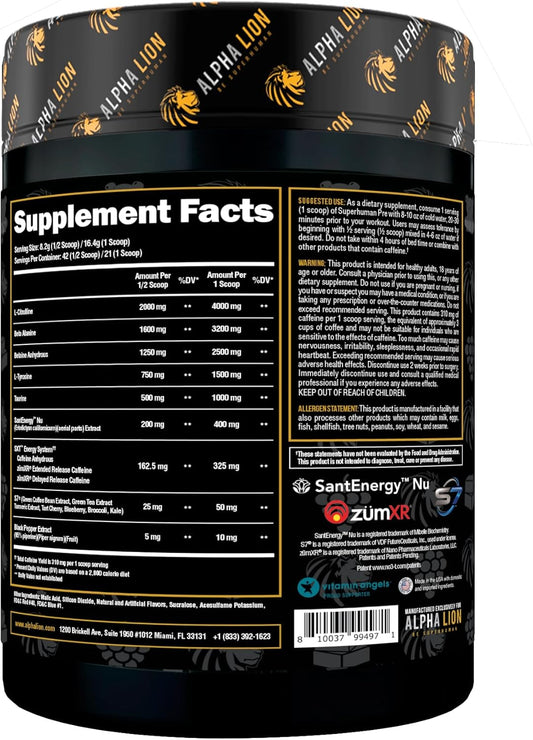 Alpha Lion Superhuman Pre Workout Powder, Beta Alanine, L-Taurine & Tri-Source Caffeine For Sustained Energy & Focus, Nitric Oxide & Citrulline For Pump (21 Servings, Grapezilla)