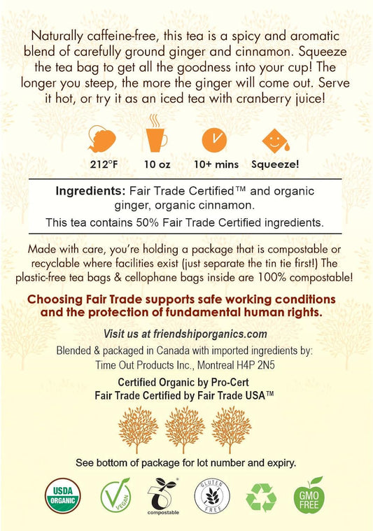 Friendship Organics Ginger Cinnamon Tea Bags, Organic And Fair Trade Herbal Tea 44 Count
