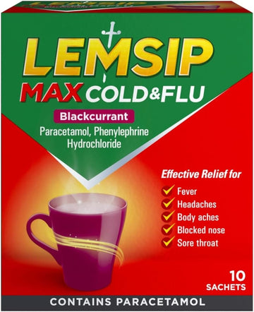 Lemsip Max Cold And Flu Sachets, Blackcurrant, 10 Total, Paracetamol, Cold And Flu, Headache, Blocked Nose Relief, Sore Throat, Reduces Fever, Pain Relief, Full Relief, Cold And Flu, Medication